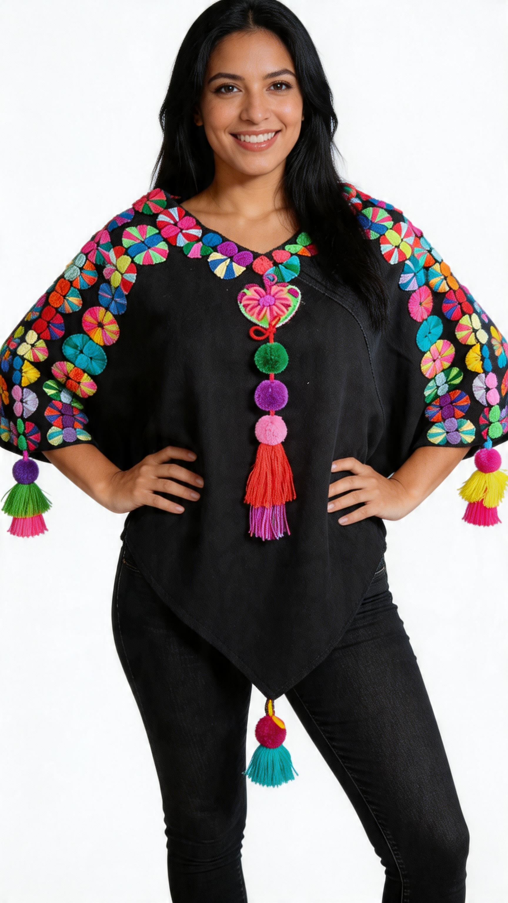 Woman wearing traditional Mexican embroidered blouse with colorful pom-poms and tassels, standing with hands on hips and smiling.