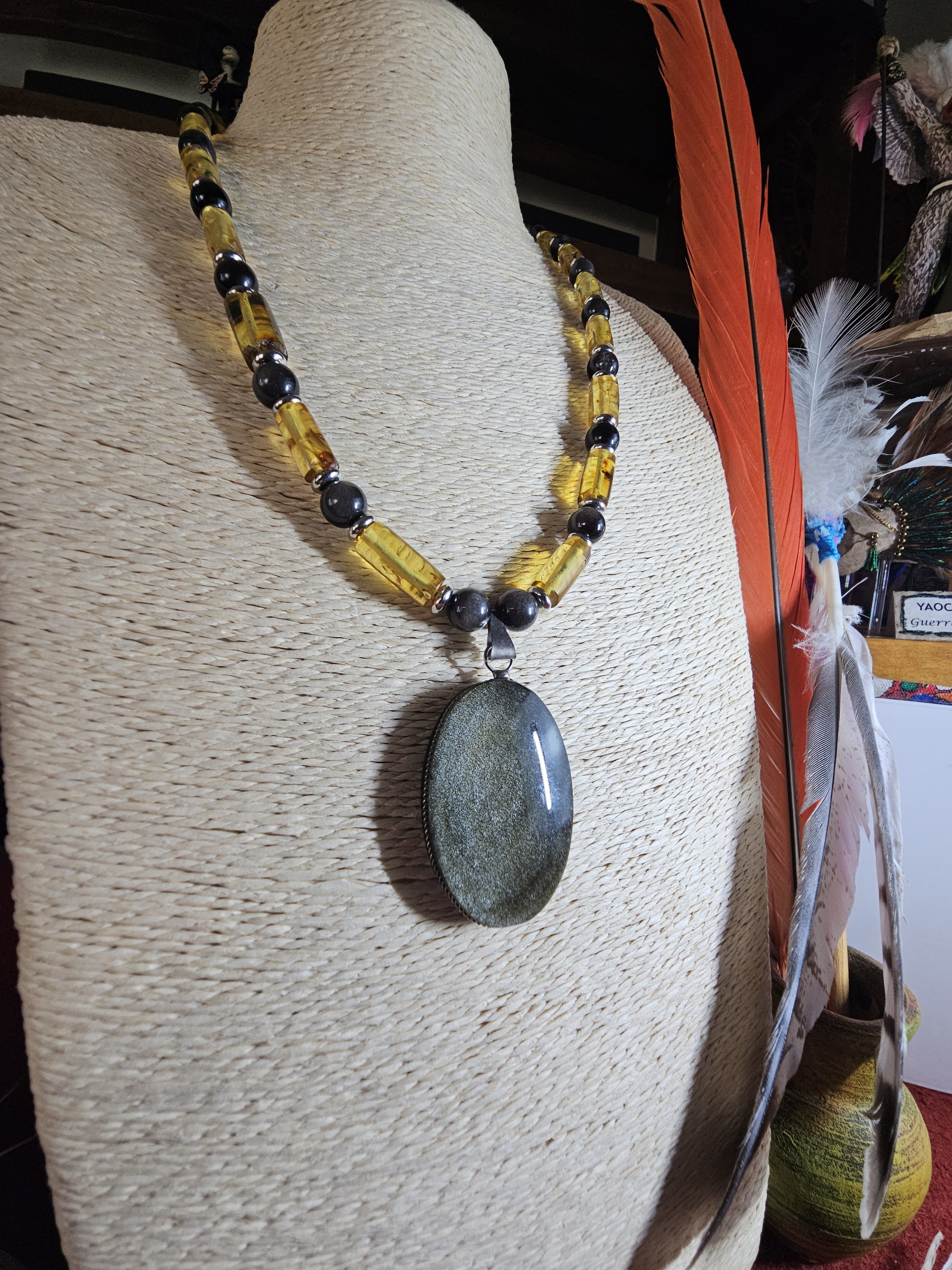 Oval Silver Sheen Obsidian Pendant & Amber Tube Necklace.jpg