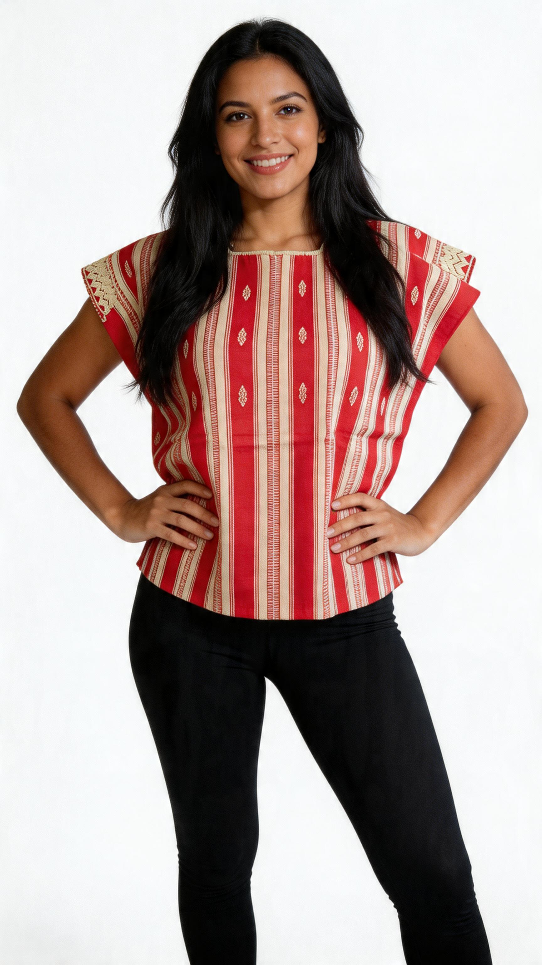 A woman with long black hair, smiling, wearing a red and beige patterned top with short, frilled sleeves, and black pants, standing with her hands on her hips against a plain white background.