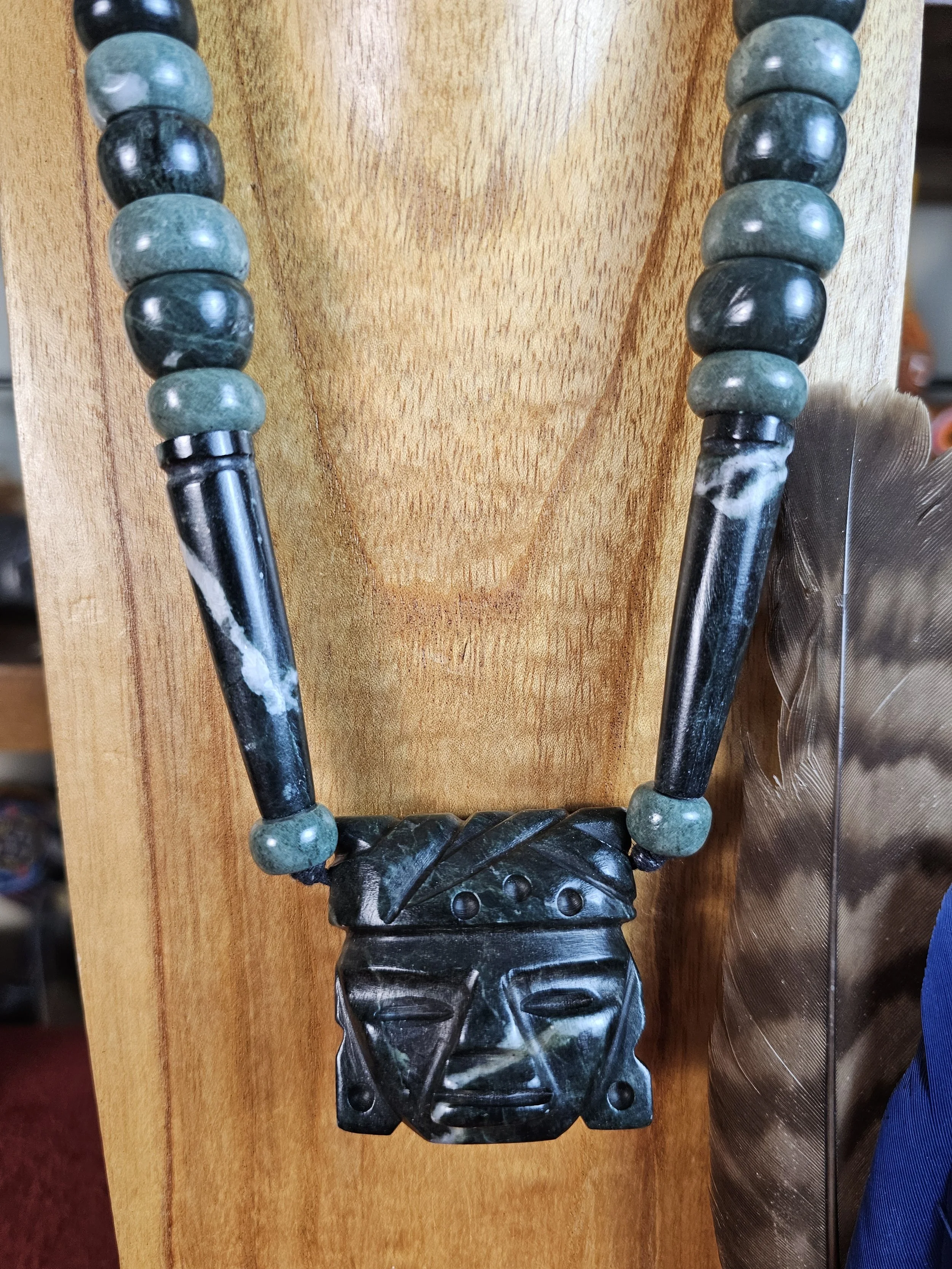 #7 Chalchihuitl Cozcatzin — Serpentina Jade Necklace with Teotihuacan Face Pendant — One of a Kind