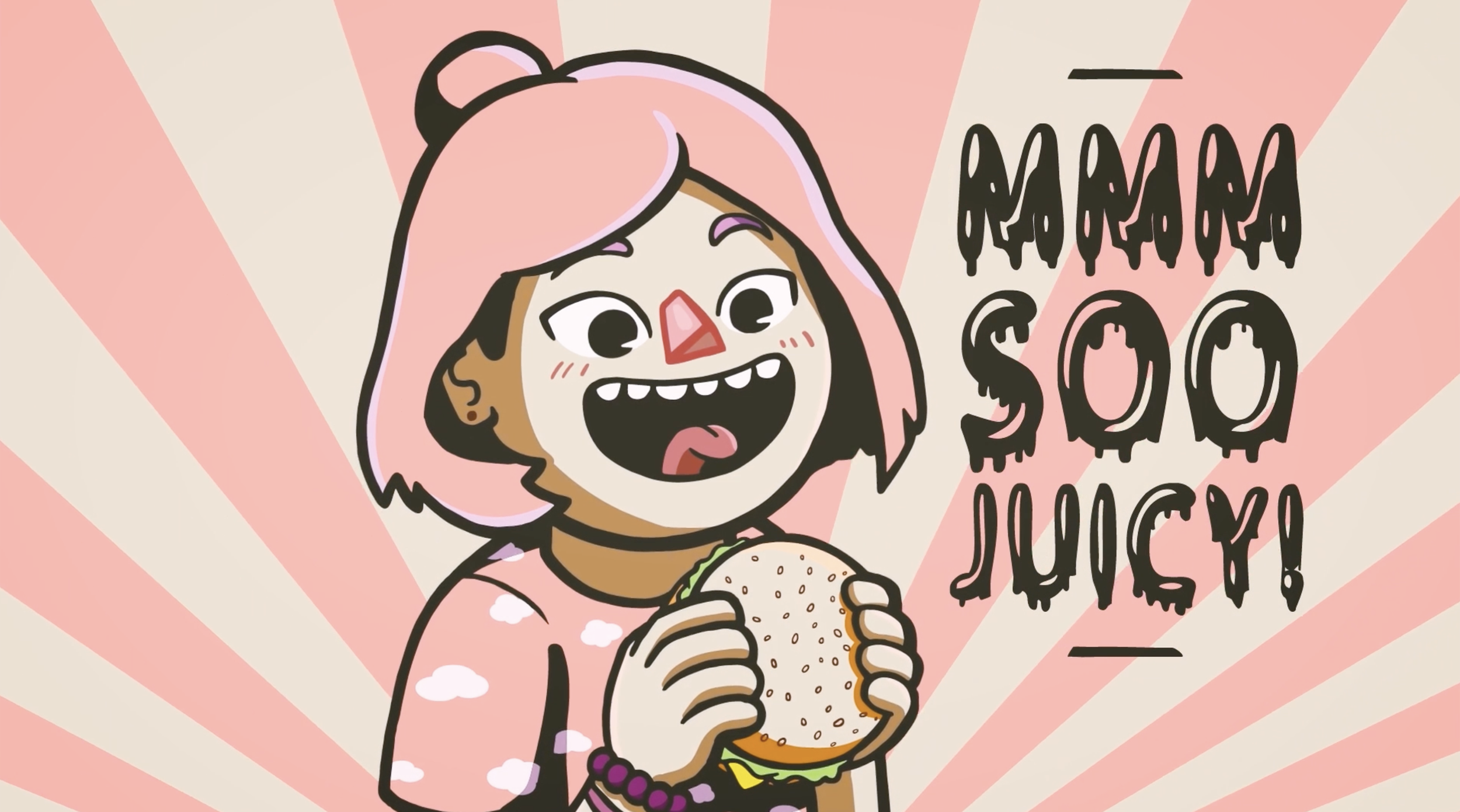 A cartoon girl with pink hair and a polka dot dress eating a burger with a background of pink rays and the text 'YUM YUM'
