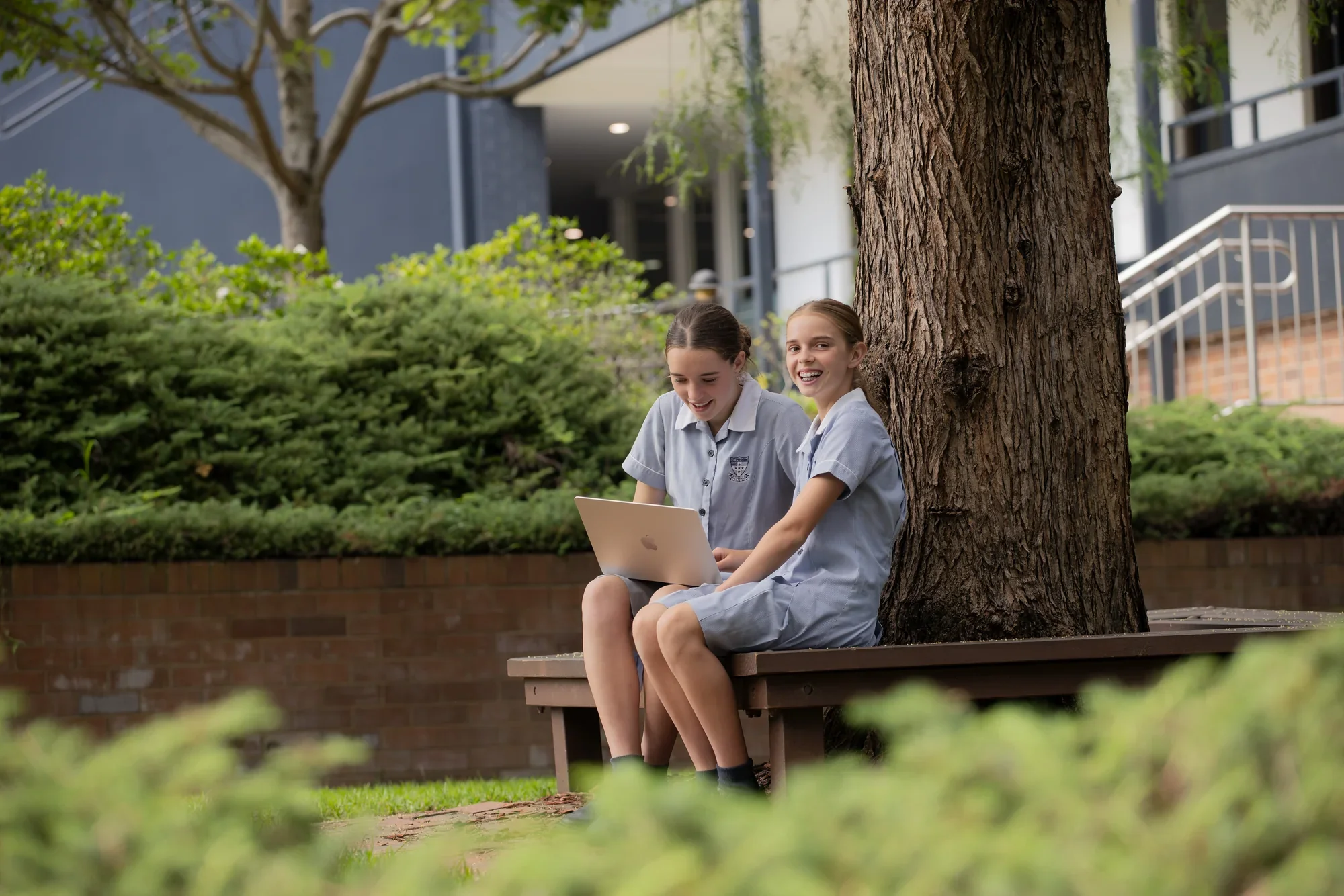 Two girls in school uniforms sit on a park bench under a large tree, using a laptop, with greenery and a building in the background.