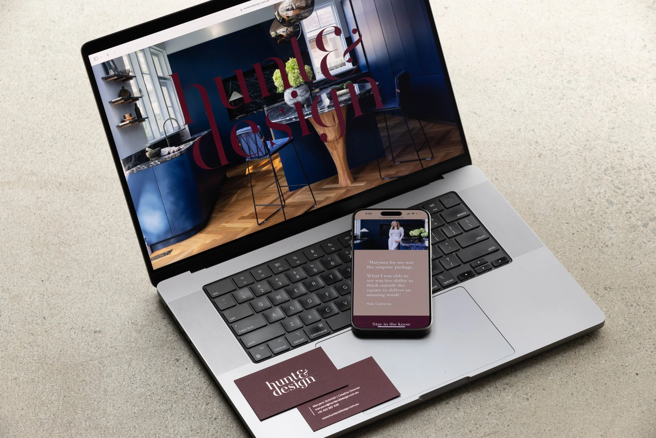 Hunt & Design website shown on a laptop and phone, designed by Citadel Creative