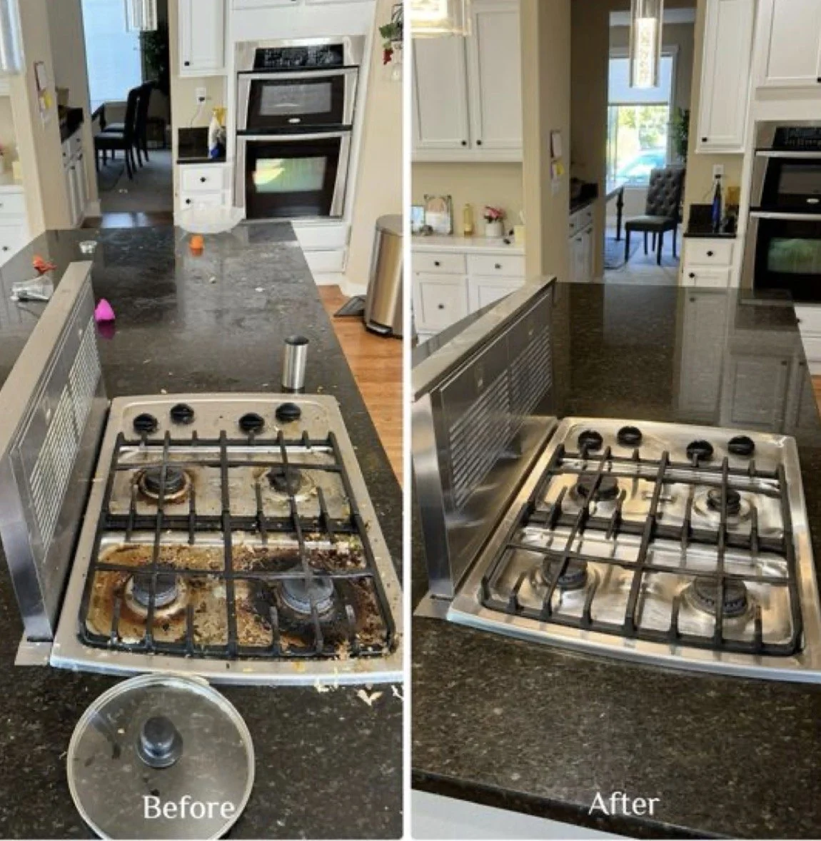 Comparison of a kitchen stove before and after cleaning. The 'Before' side shows a dirty, stained stove with debris, while the 'After' side shows a clean, shiny stove surface.