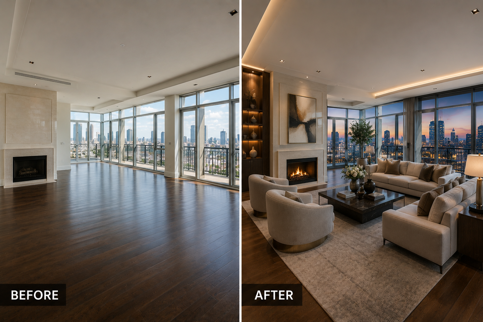 Side-by-side images showing a living room before and after interior decorating. The 'before' image shows an empty room with large windows, wood flooring, and a fireplace. The 'after' image shows the same room decorated with furniture, art, lighting, and decor, creating a cozy living space with city views.