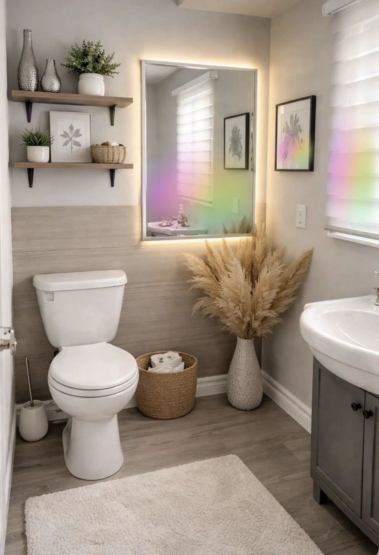 A modern bathroom with a white toilet, a beige vase with pampas grass, a gray vanity with a white sink, a large mirror with backlighting, two framed botanical art prints, a wicker basket with toilet paper, a small woven basket, a wall shelf with decorative vases and a plant, a window with sheer blinds, and a soft white rug.