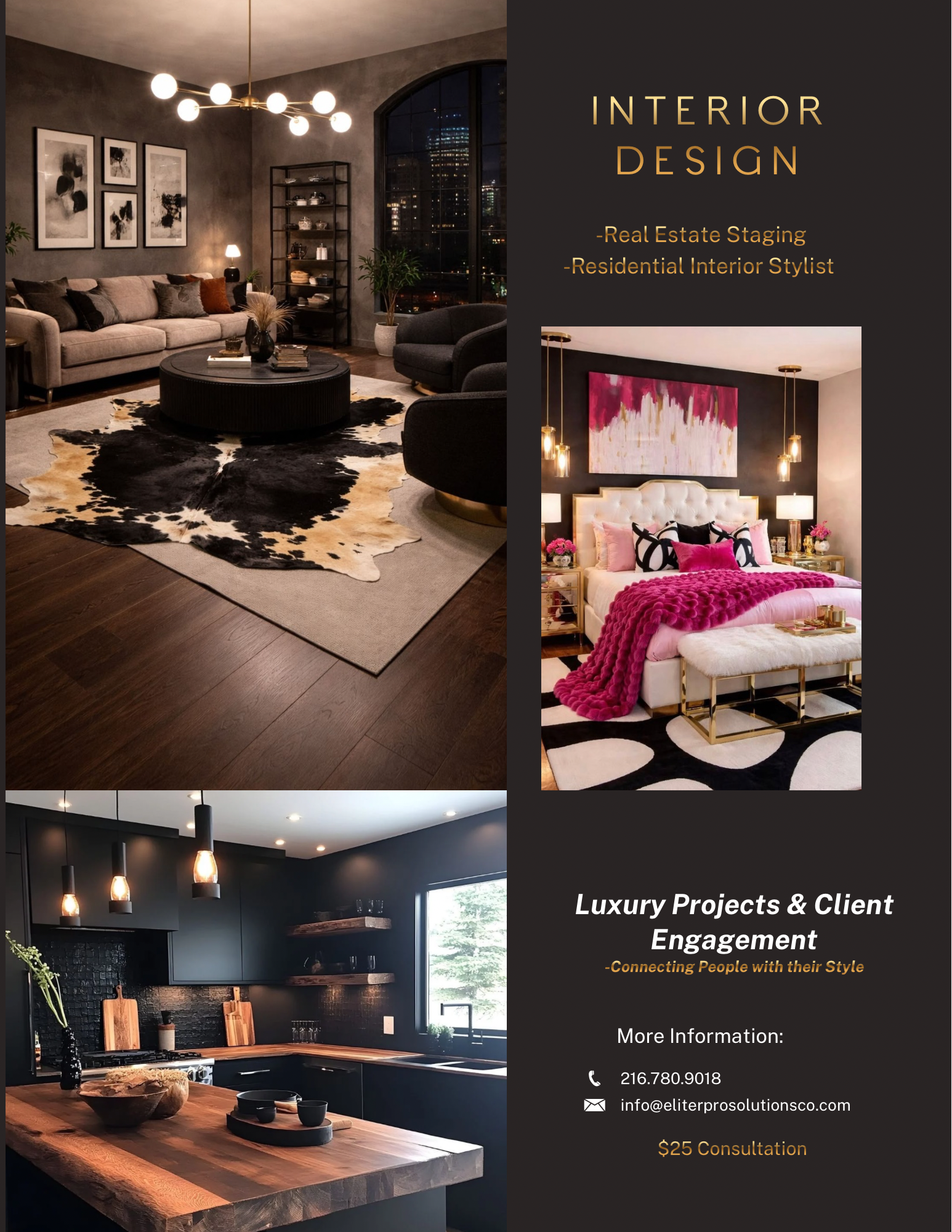 Luxury interior design advertisement featuring modern living room with dark walls, stylish furniture, and elegant lighting fixtures, alongside kitchen space with sleek cabinetry and contemporary decor, promoting personalized interior styling services with contact information.
