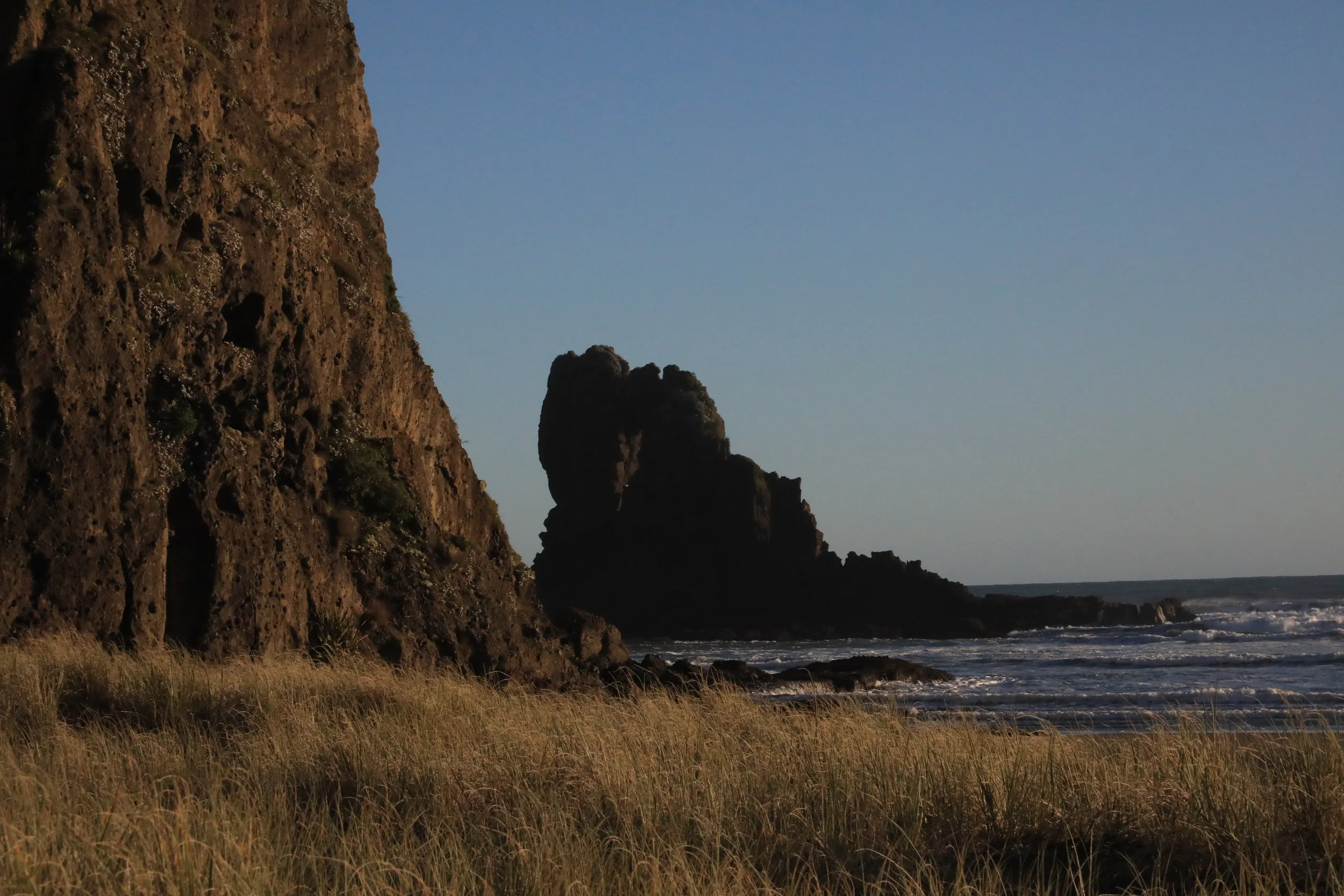 Rocky coastal cliffs with grass in the foreground, ocean waves, and a clear blue sky.