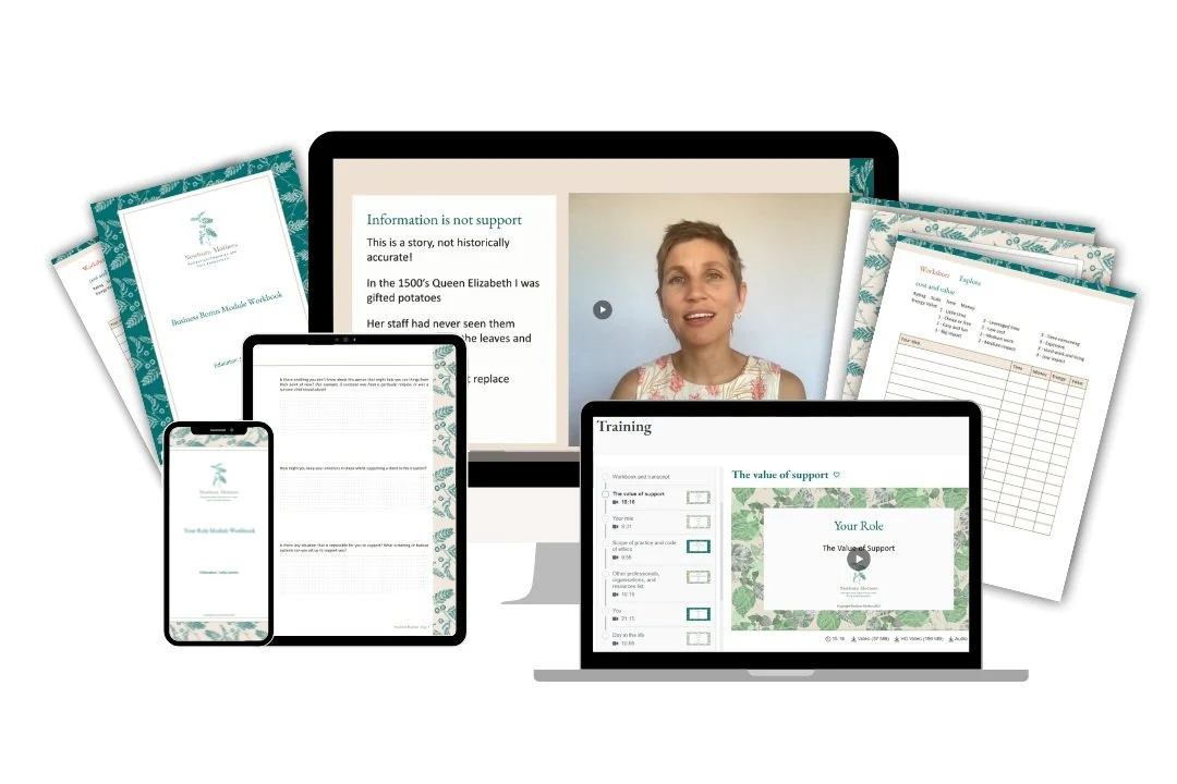 Digital devices displaying online training or educational content, along with printed workbooks and sheets.