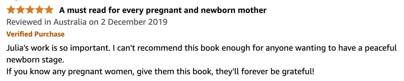 An online product review for a book titled 'A must read for every pregnant and newborn mother.' The review is from December 2, 2019, and includes a five-star rating, with a summary of positive feedback praising the book's importance for new mothers a