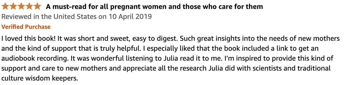 Screenshot of a five-star review titled "A must-read for all pregnant women and those who care for them" posted in the United States on April 10, 2019, with a verified purchase badge, praising a book for its insights into supporting new mothers.