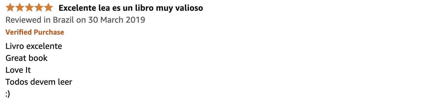 Review of a book titled "Excellent read is a very valuable book", written in Portuguese and English, with a five-star rating, reviewed in Brazil on March 30, 2019, stating "Great book" and "Love It", and is a verified purchase.