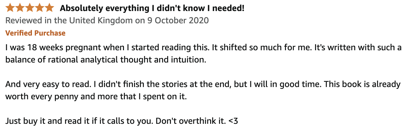 Amazon customer review highlighted with five stars, titled "Absolutely everything I didn't know I needed!" dated October 9, 2020, from the United Kingdom. The reviewer, who was 18 weeks pregnant at the time, praises the book for its engaging and inte