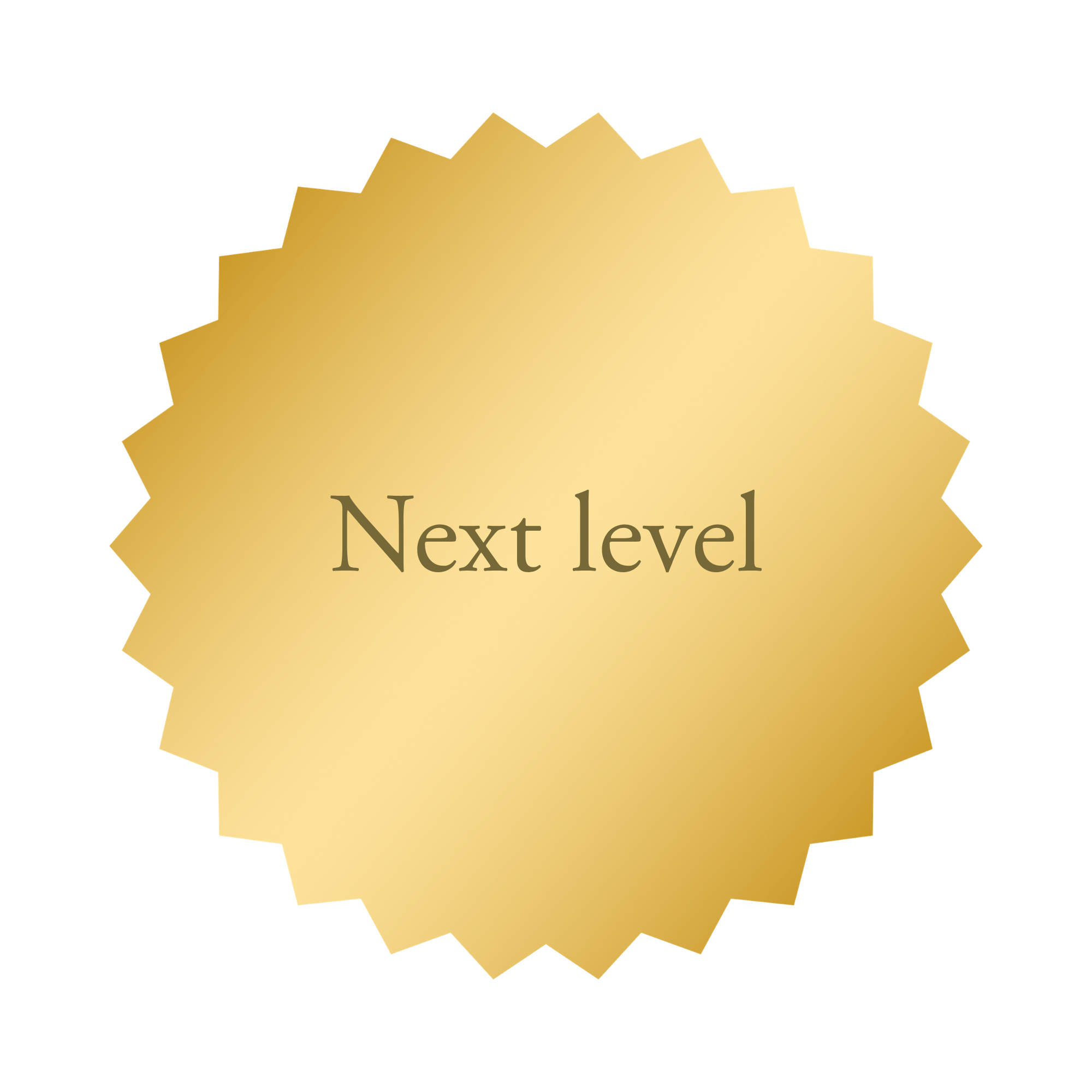 Gold starburst badge with the words "Next Level" in the center.