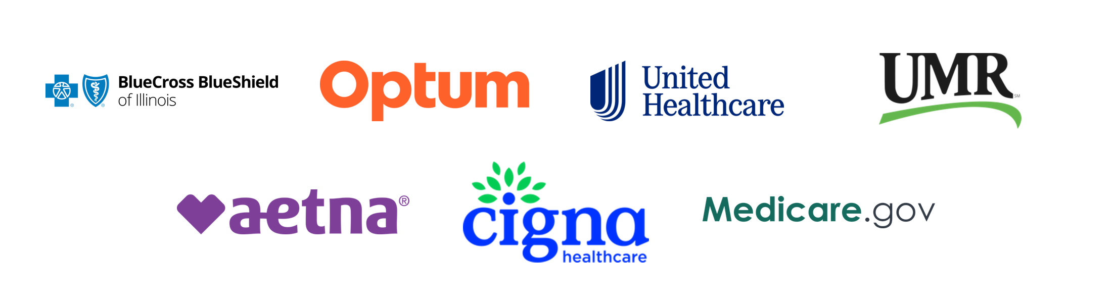Blue Cross Blue Shield, Optum, UnitedHealthcare, UMR, Aetna, Cigna, and Medicare logos