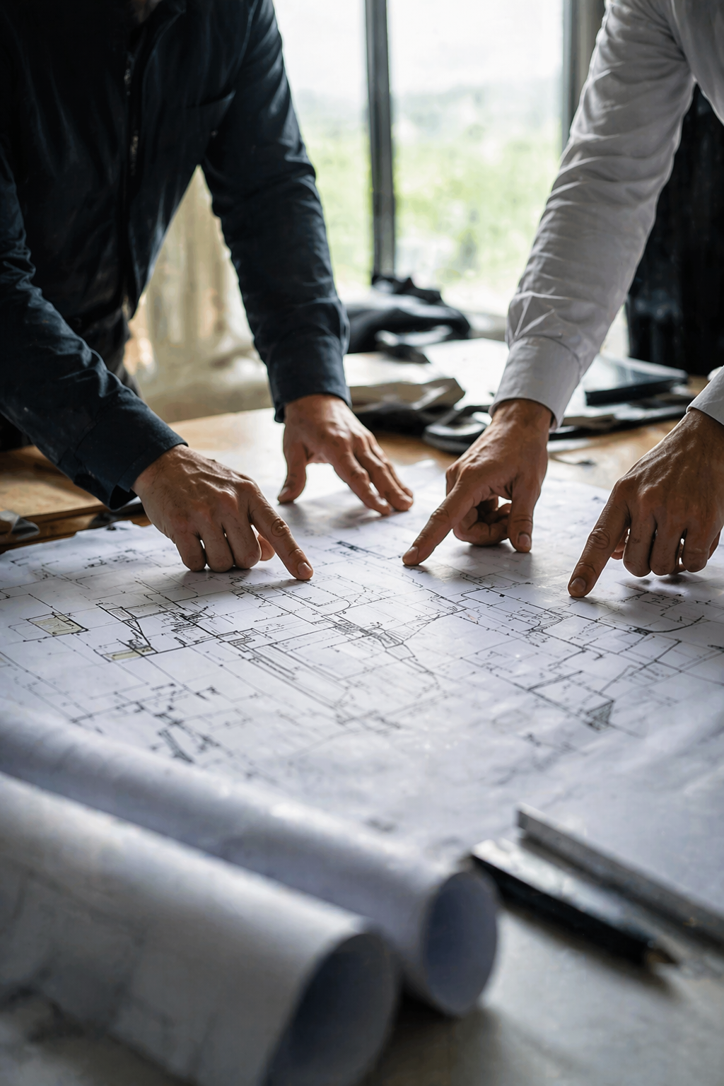 Two people reviewing and pointing at architectural blueprints on a table.