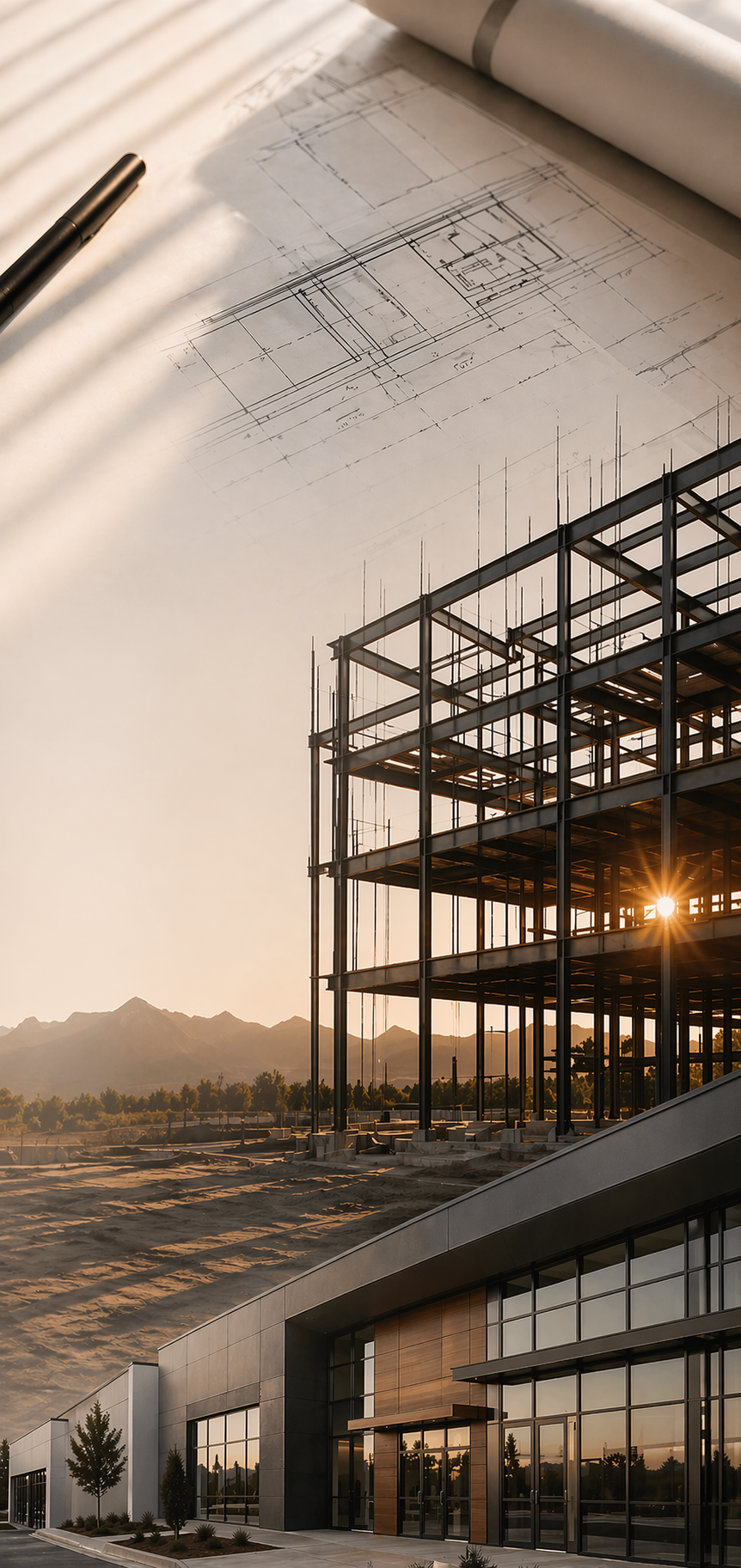 Steel framework of a building under construction at sunset with mountains in the background.