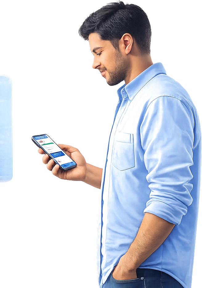Joven revisando su teléfono móvil, sonriendo y vestido con camisa azul de manga larga, con fondo negro.