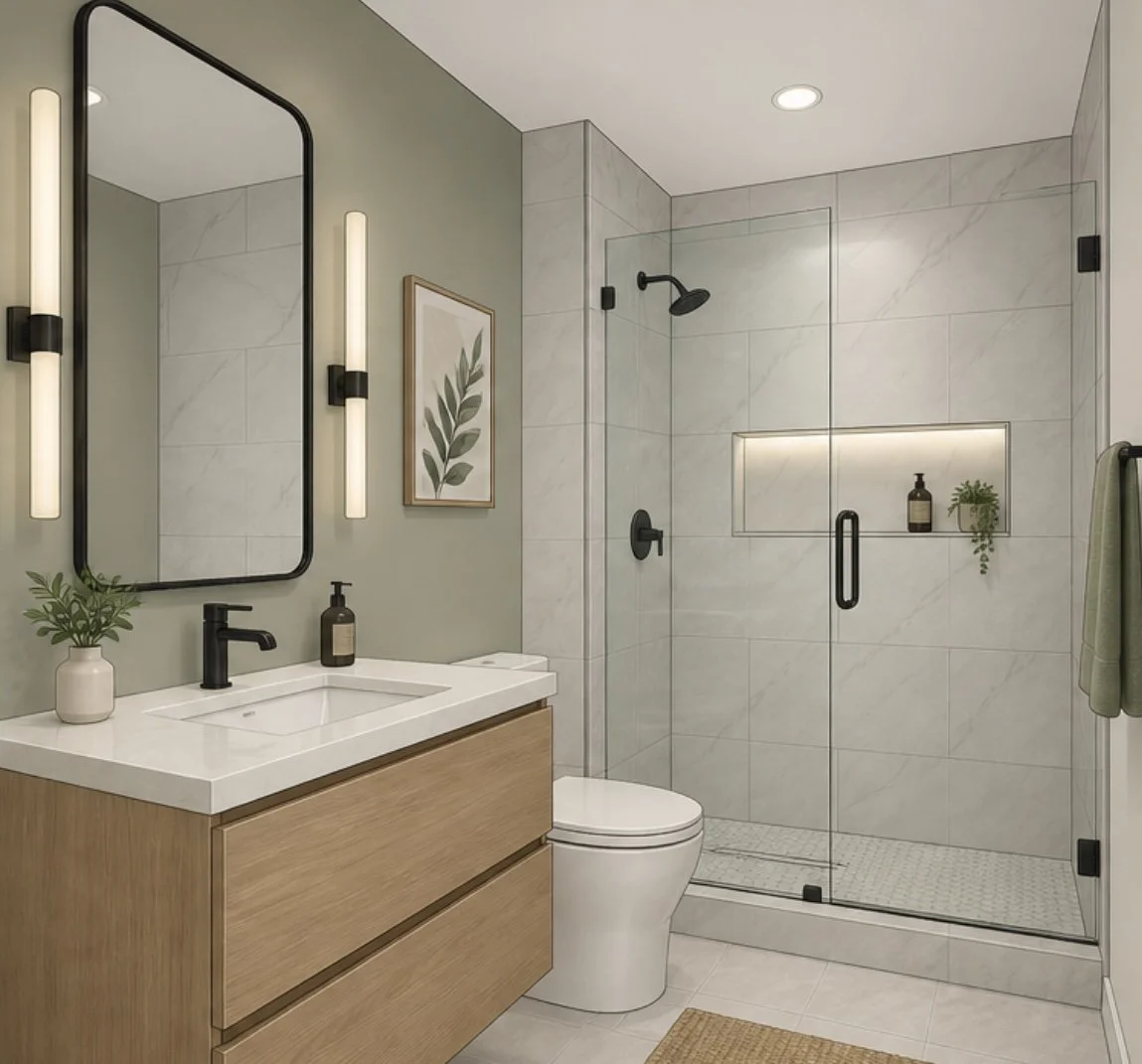 Modern bathroom with wooden vanity, white sink, black faucet, decorated with a potted plant and soap dispenser. Large mirror with vertical lights, framed botanical art, glass shower enclosure with black fixtures, built-in shower niche with toiletries and a hanging plant. Tiled walls and floor, with a green towel hanging on the wall.