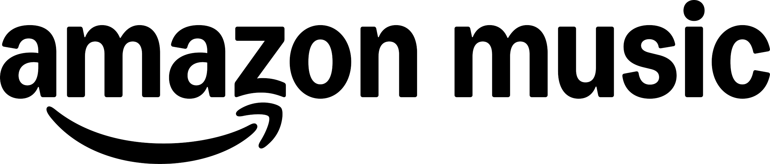 Amazon Music logo with black text and a curved arrow underneath on a transparent background.