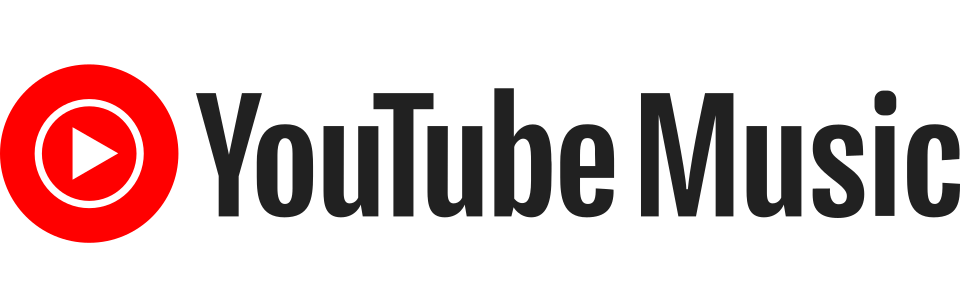 YouTube Music logo with red play button icon and black text.