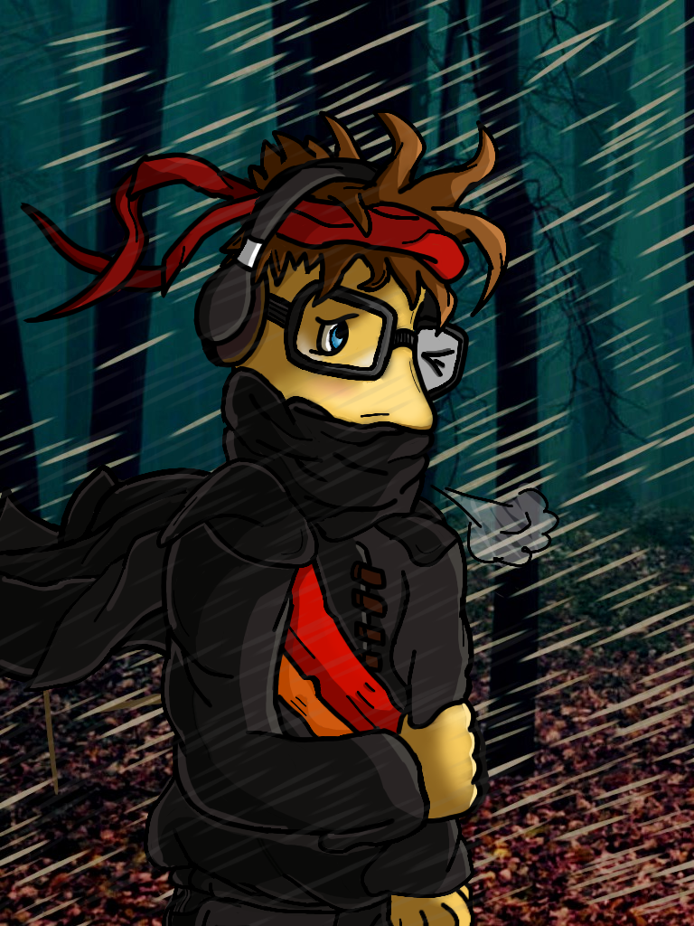 Cartoon character with brown dreadlocks, wearing glasses, headphones, a red bandana, a black jacket, and a red shirt, standing in a rainy forest with trees and fallen leaves.