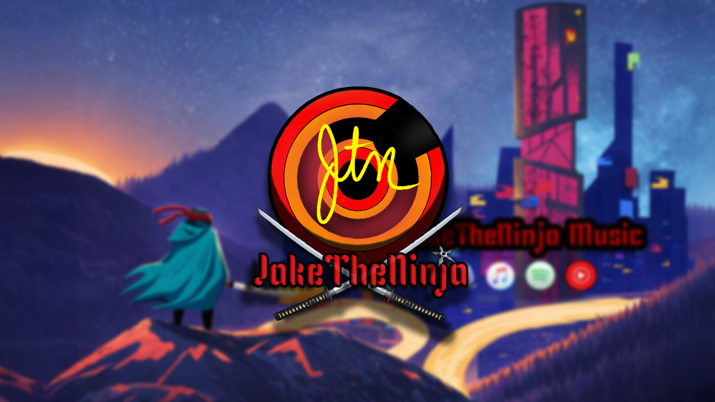 Digital artwork featuring a mountain landscape at sunset with a neon sign displaying "Jtn" in yellow cursive, crossed swords, and the text "Jake TheNinja" in red with a black outline. Behind, a futuristic cityscape with tall, colorful buildings, and a silhouette of a ninja figure with a blue cape on a rocky outcrop in the foreground.