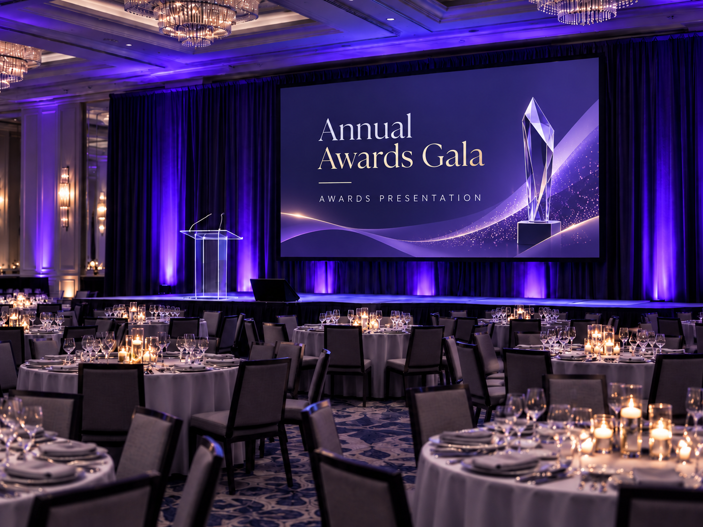 Corporate awards event with projection screen, stage, podium, banquet seating, and purple uplighting by Bravo Sight & Sound.