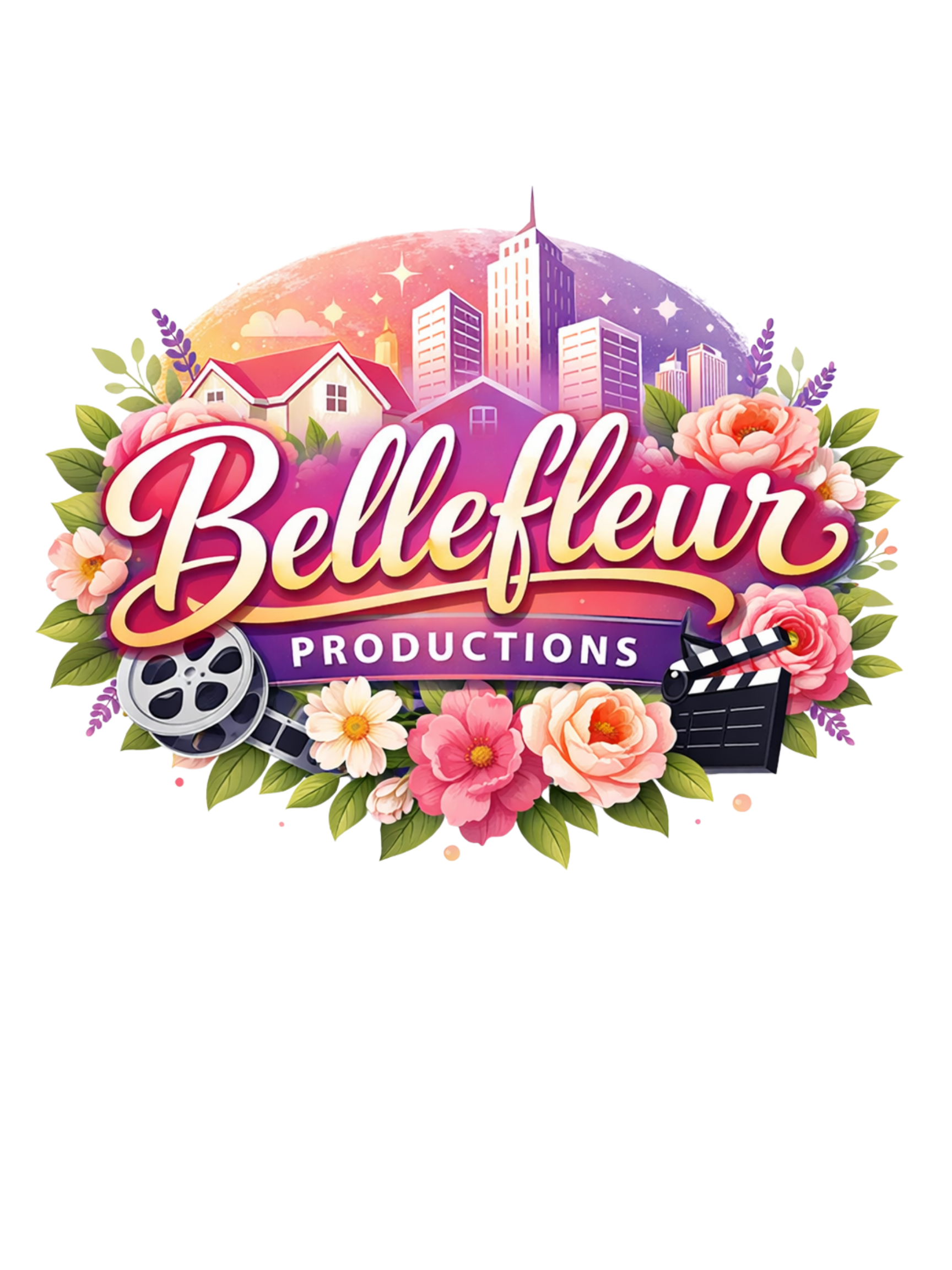 A colorful logo for Bellefleur Productions featuring city skyscrapers, houses, flowers, and film-related icons.