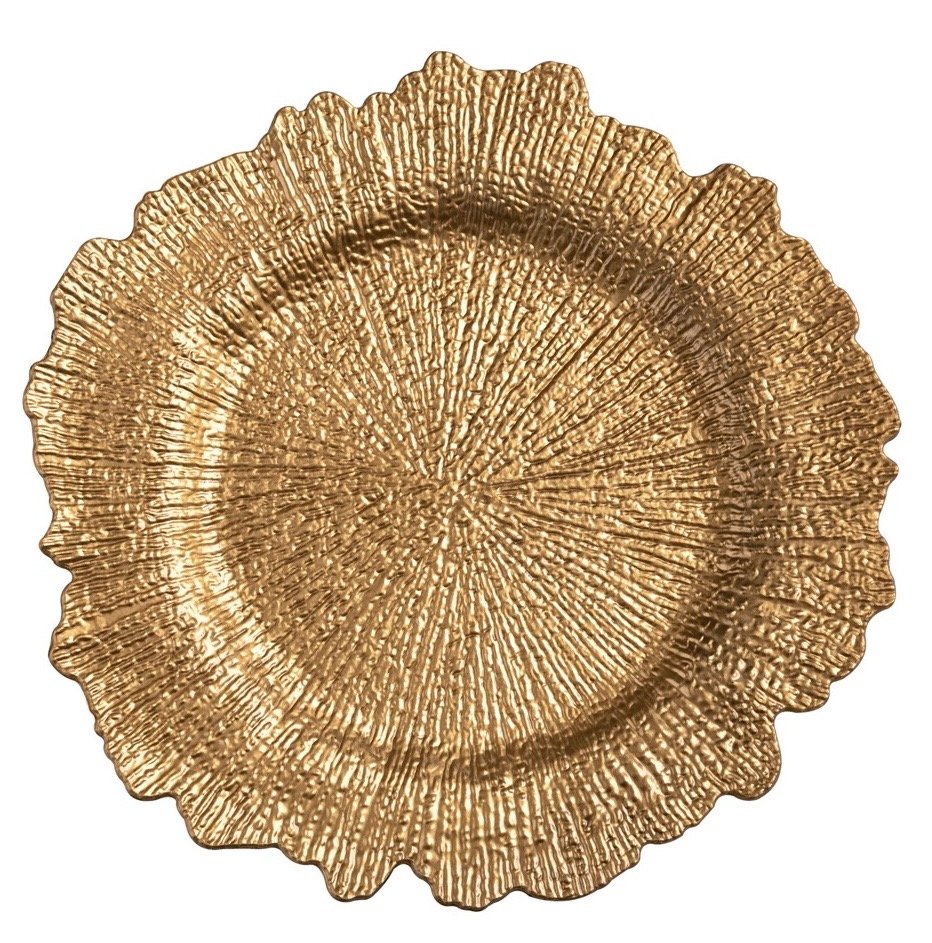 Round decorative bowl with a textured, radial, gold-colored pattern resembling a tree trunk cross-section.