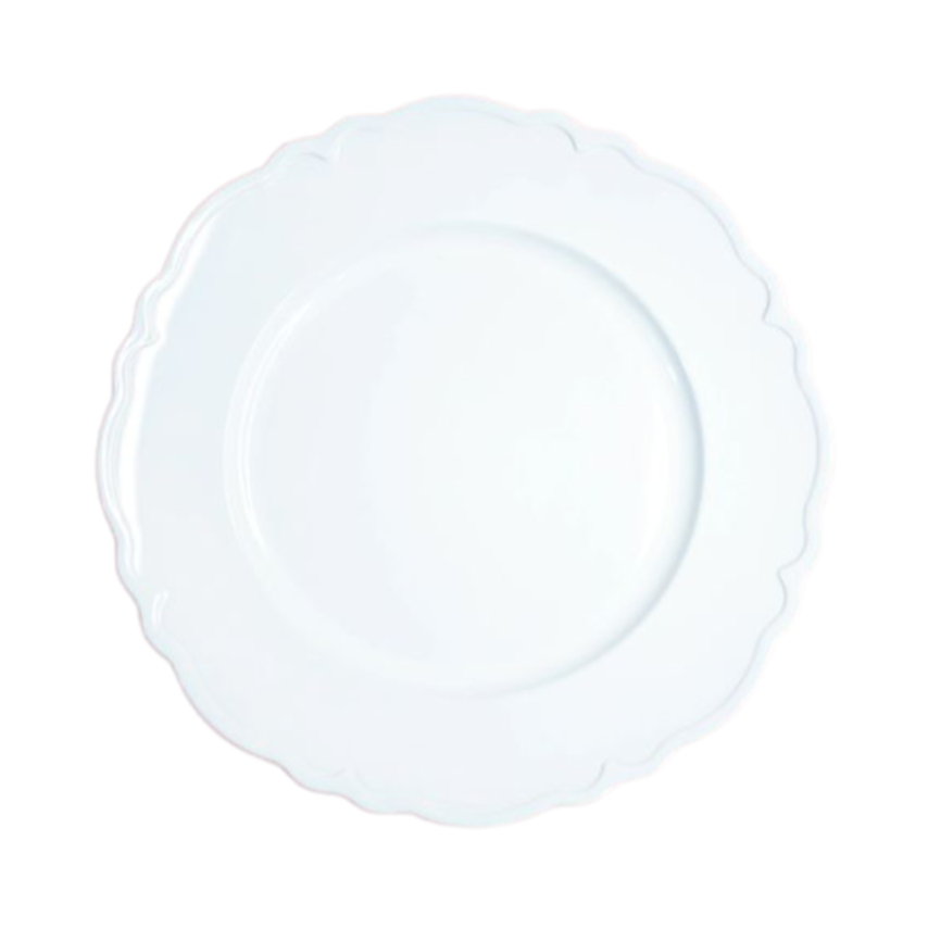 White restaurant plate with scalloped edges, viewed from above.