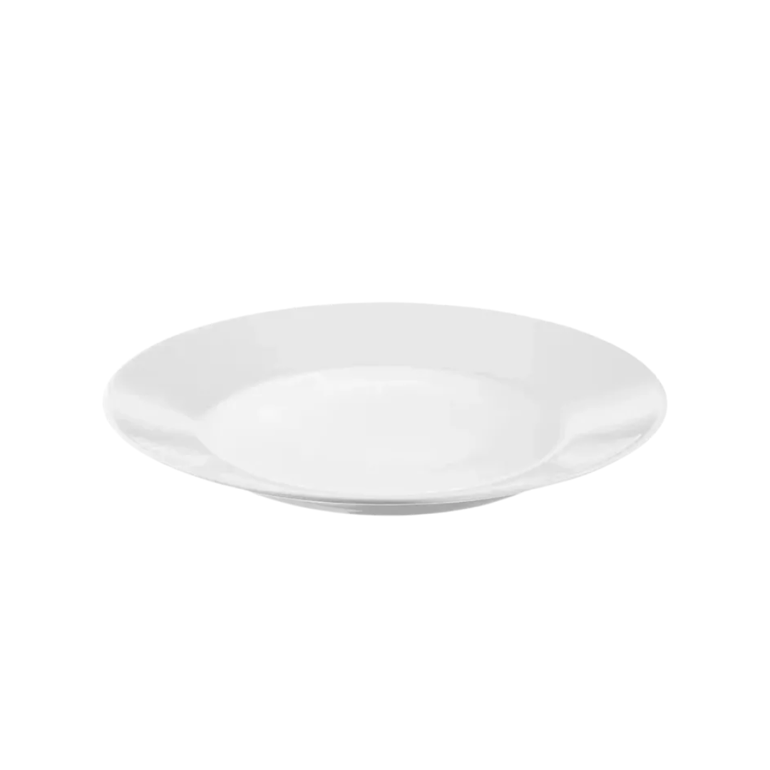 Plain white round plate on a white background.
