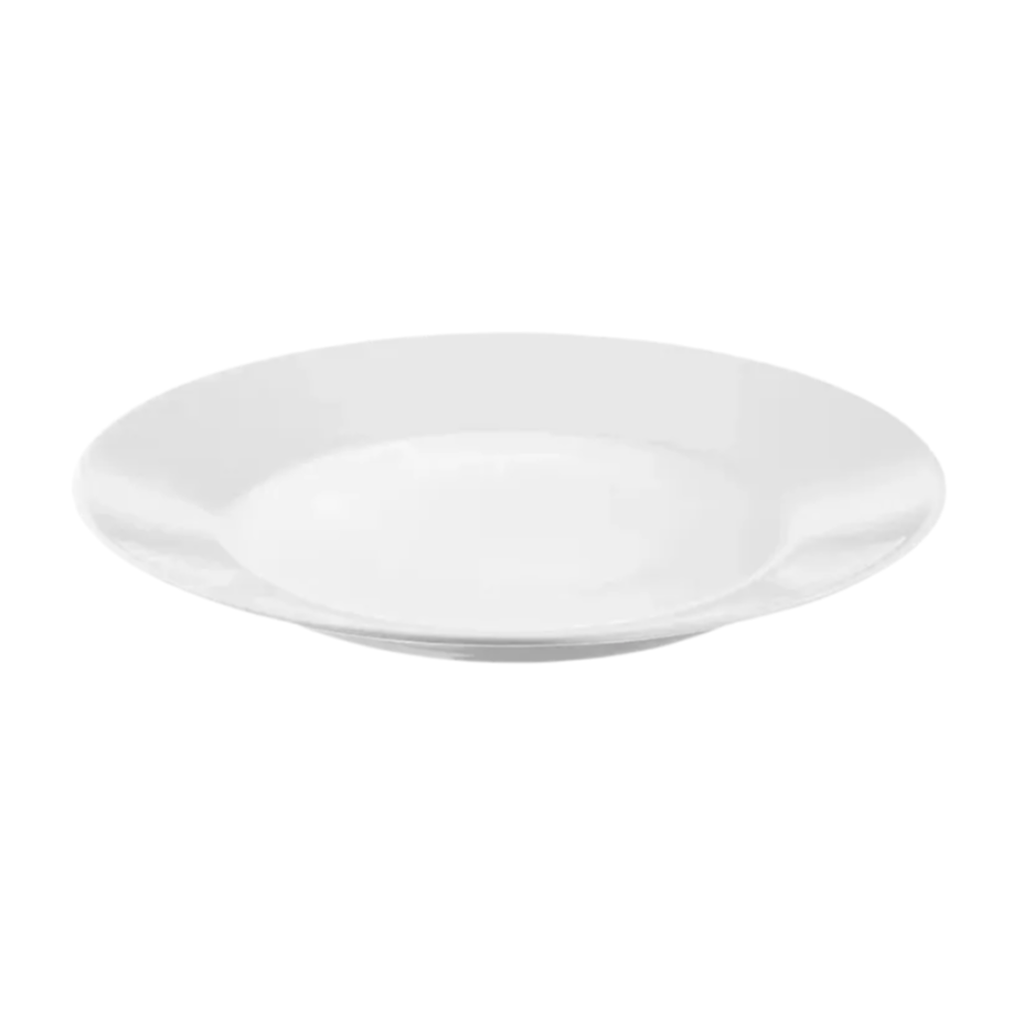 White ceramic plate with a small indentation on the edge.