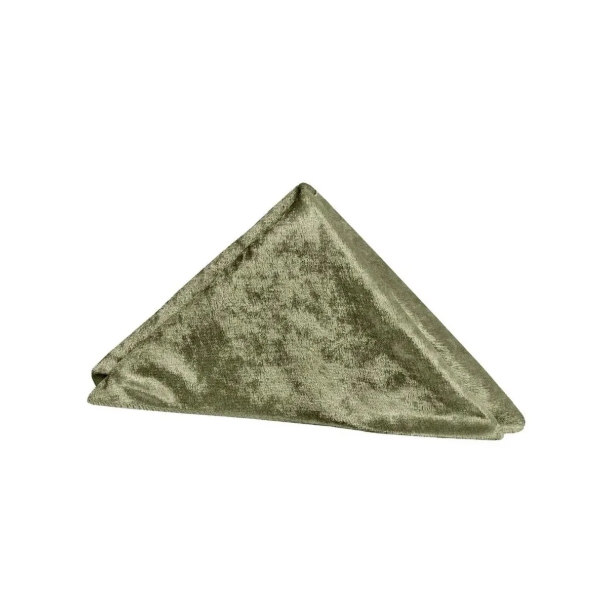 Green velvet triangular-shaped folded cloth on a white background.