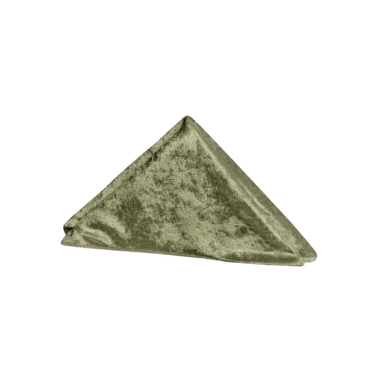 Olive green velvet napkin folded into a triangle.