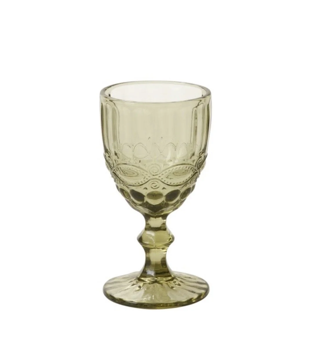 A transparent, light yellow decorative glass goblet with intricate embossed patterns on the bowl and stem, set against a plain white background.