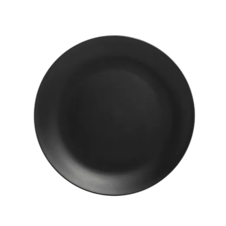 A black round plate or bowl with no visible markings or patterns.