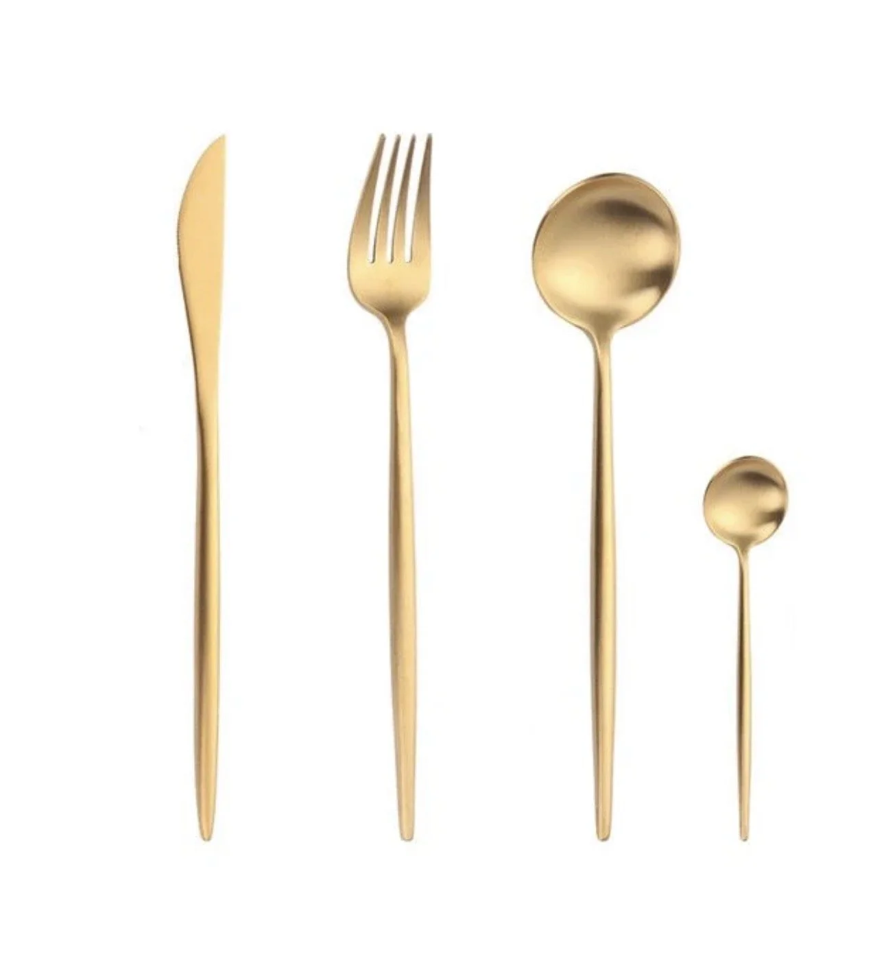 Set of four gold-colored cutlery pieces, including a knife, fork, and two spoons of varying sizes, displayed against a white background.