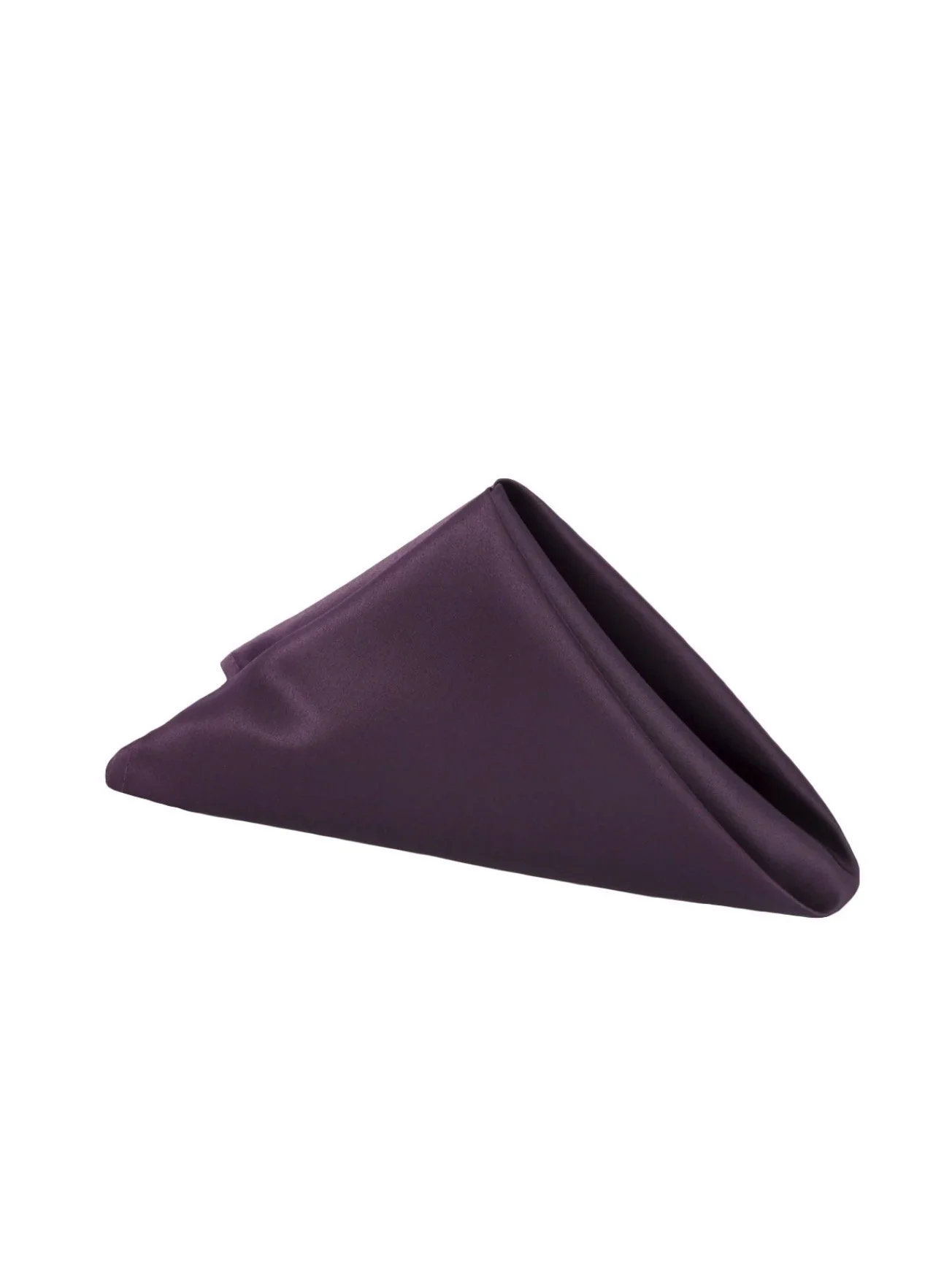 A purple cloth napkin folded into a triangle with sharp edges on a white background.