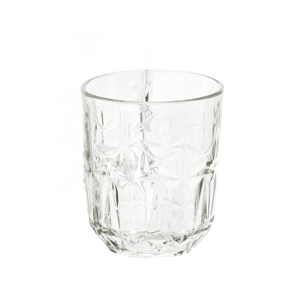 Clear glass tumbler on a white background.
