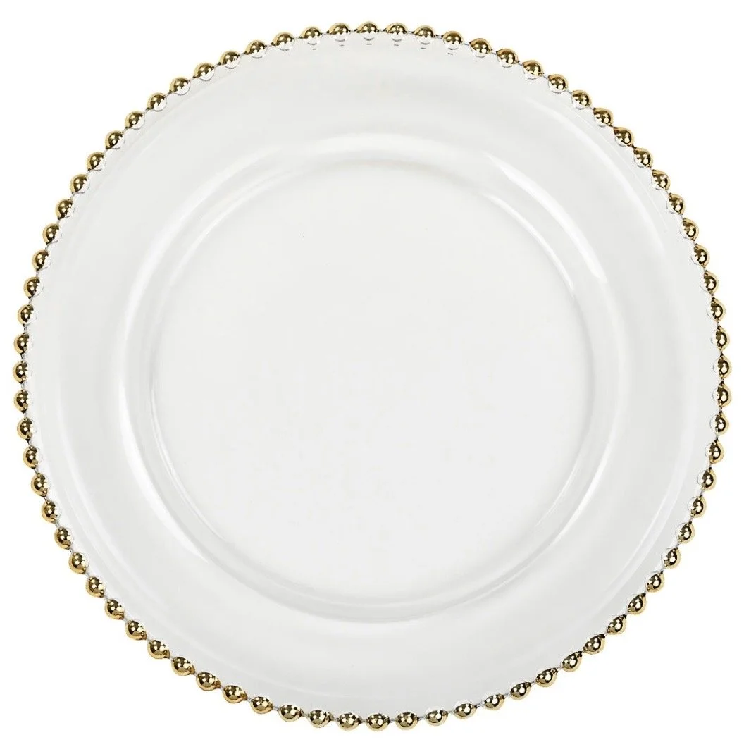 White round plate with a gold beaded rim design.