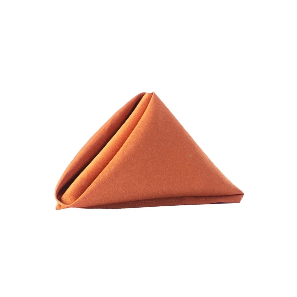 Orange folded cloth napkin arranged in a pyramid shape on a white background.