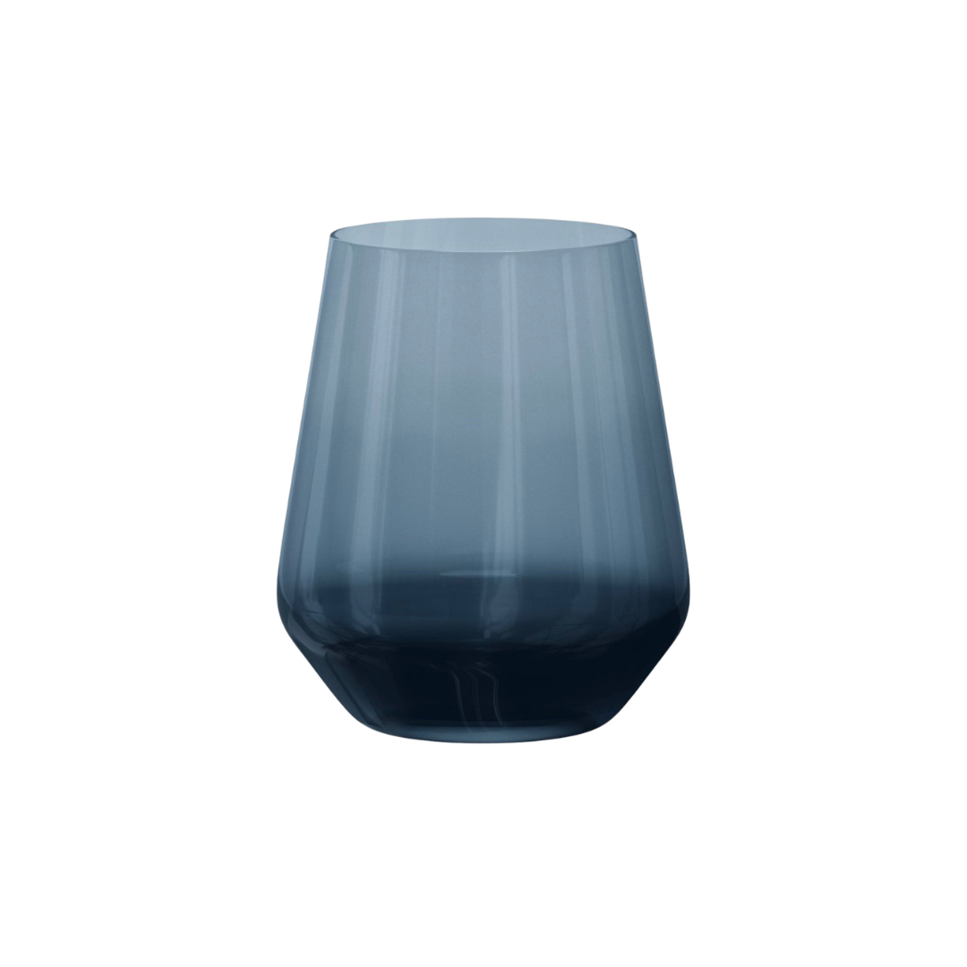 Blue smoked glass vase with a tapered cylindrical shape on a white background.
