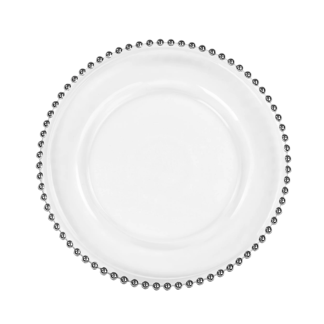 A white plate with a metallic beaded edge design.