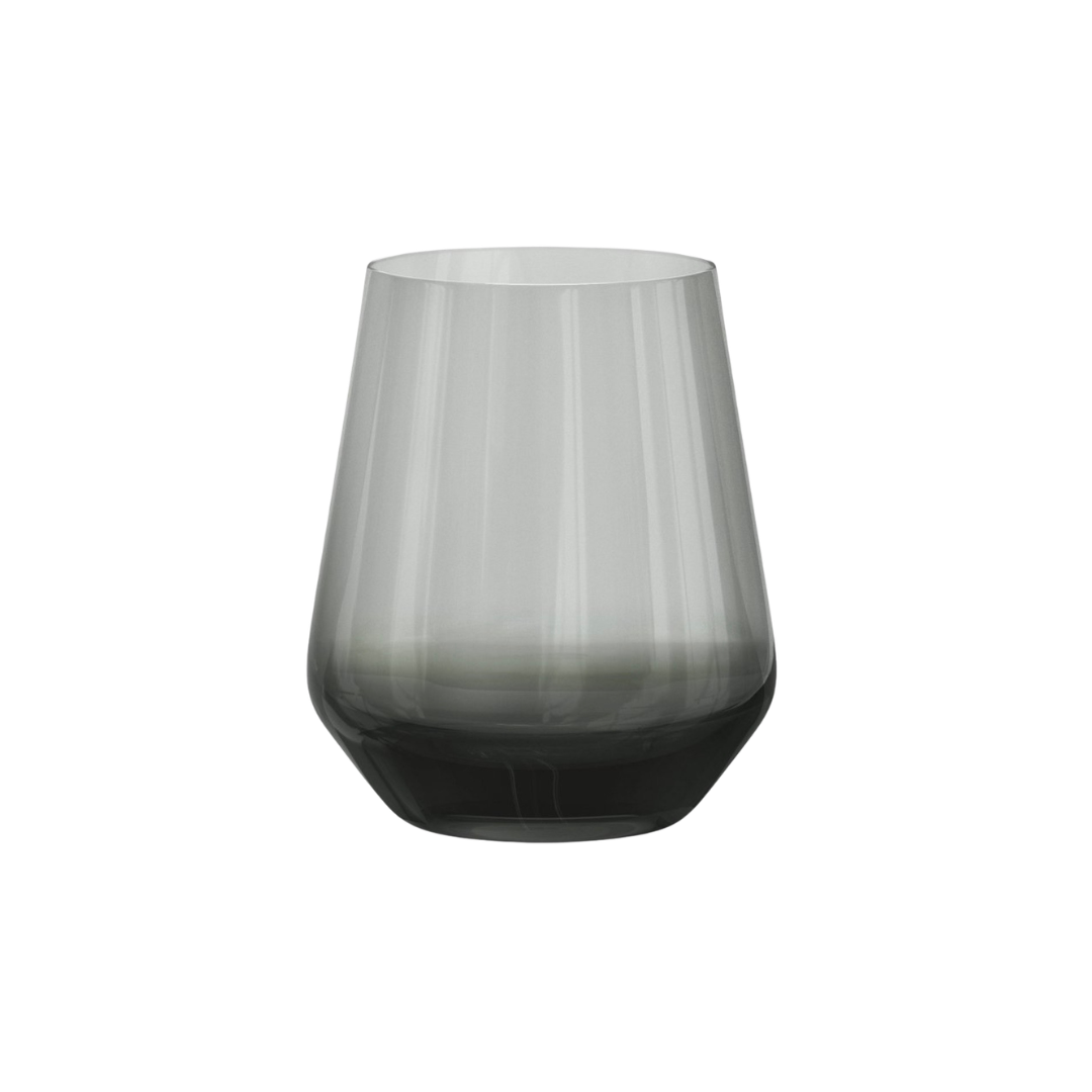 A black and clear glass vase with a smooth, rounded shape, set against a white background.