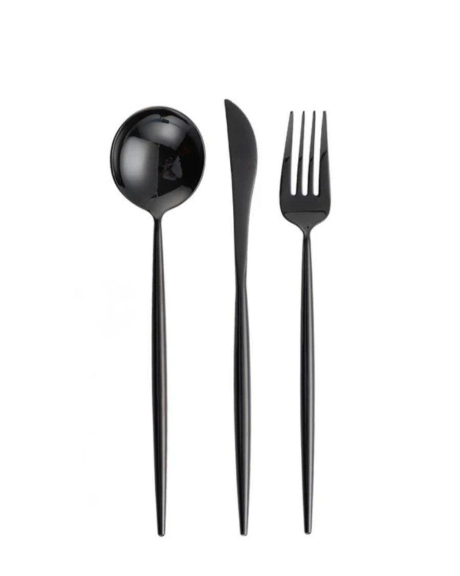 Black cutlery set including a spoon, knife, and fork against a white background.