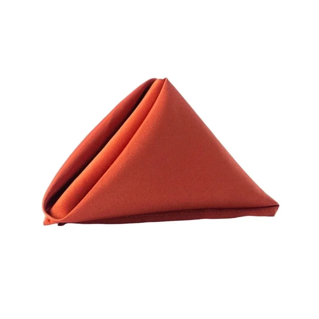 A neatly folded orange cloth napkin arranged in a triangular shape.