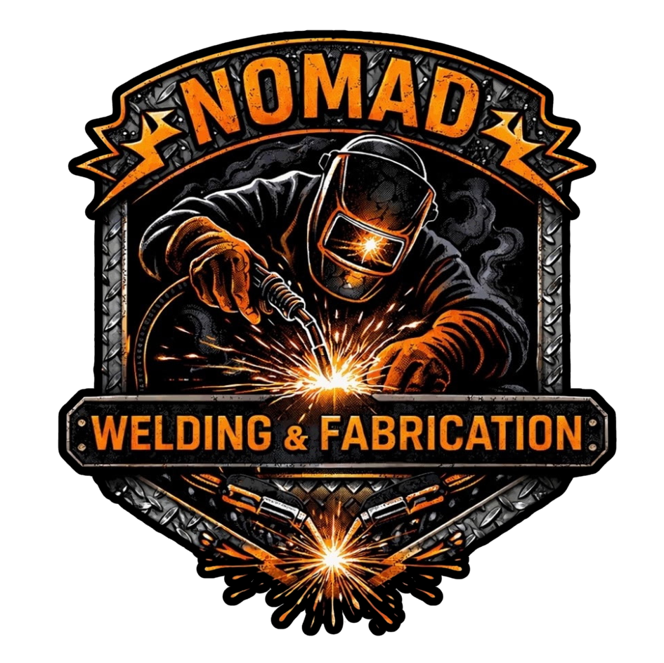 A logo for Nomad Welding & Fabrication featuring a welder in protective gear welding with sparks flying, with the company name and services in bold orange text.