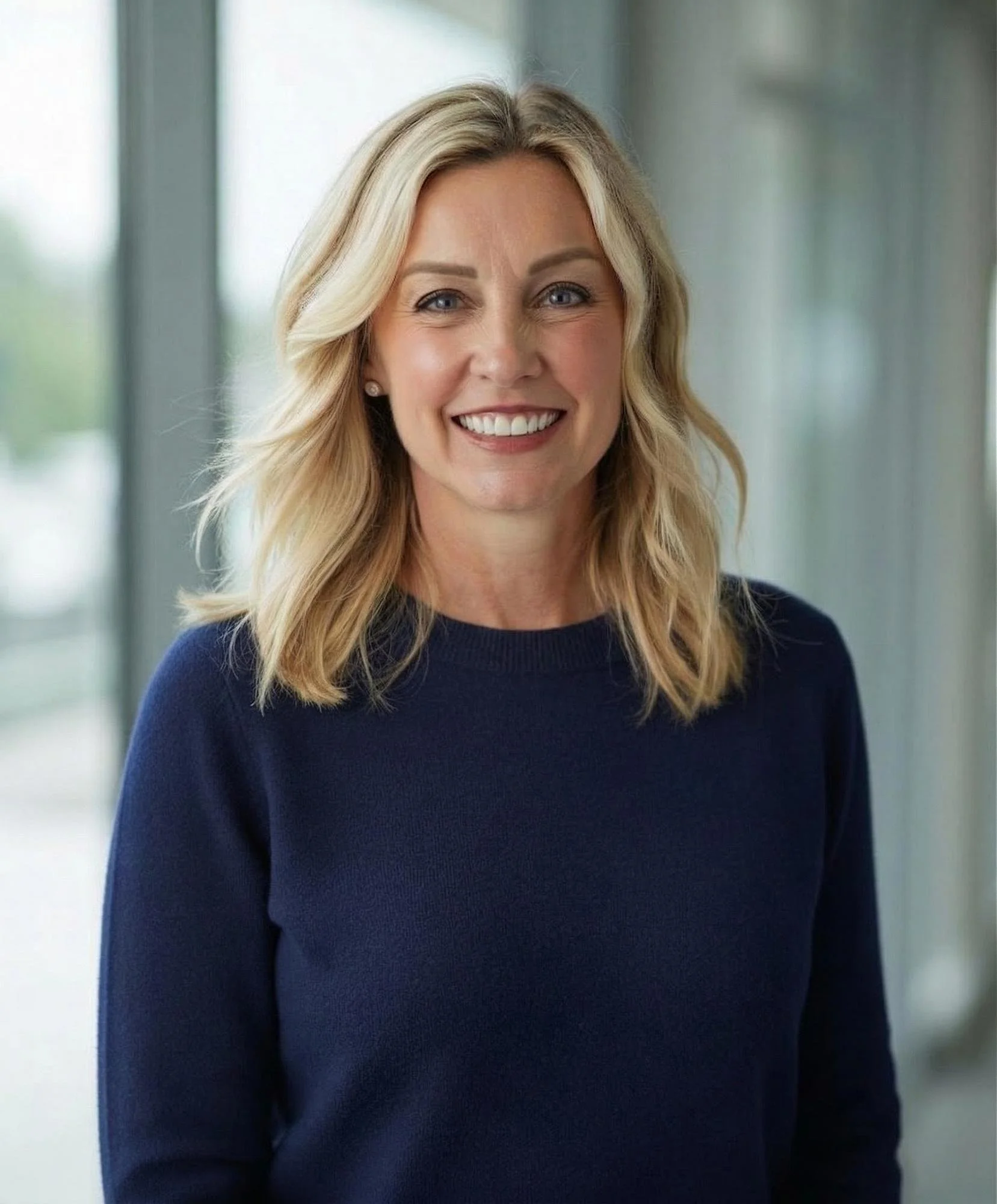 A portrait of a woman smiling, with blonde, wavy hair, wearing a black top, standing in front of a blurred background with windows.