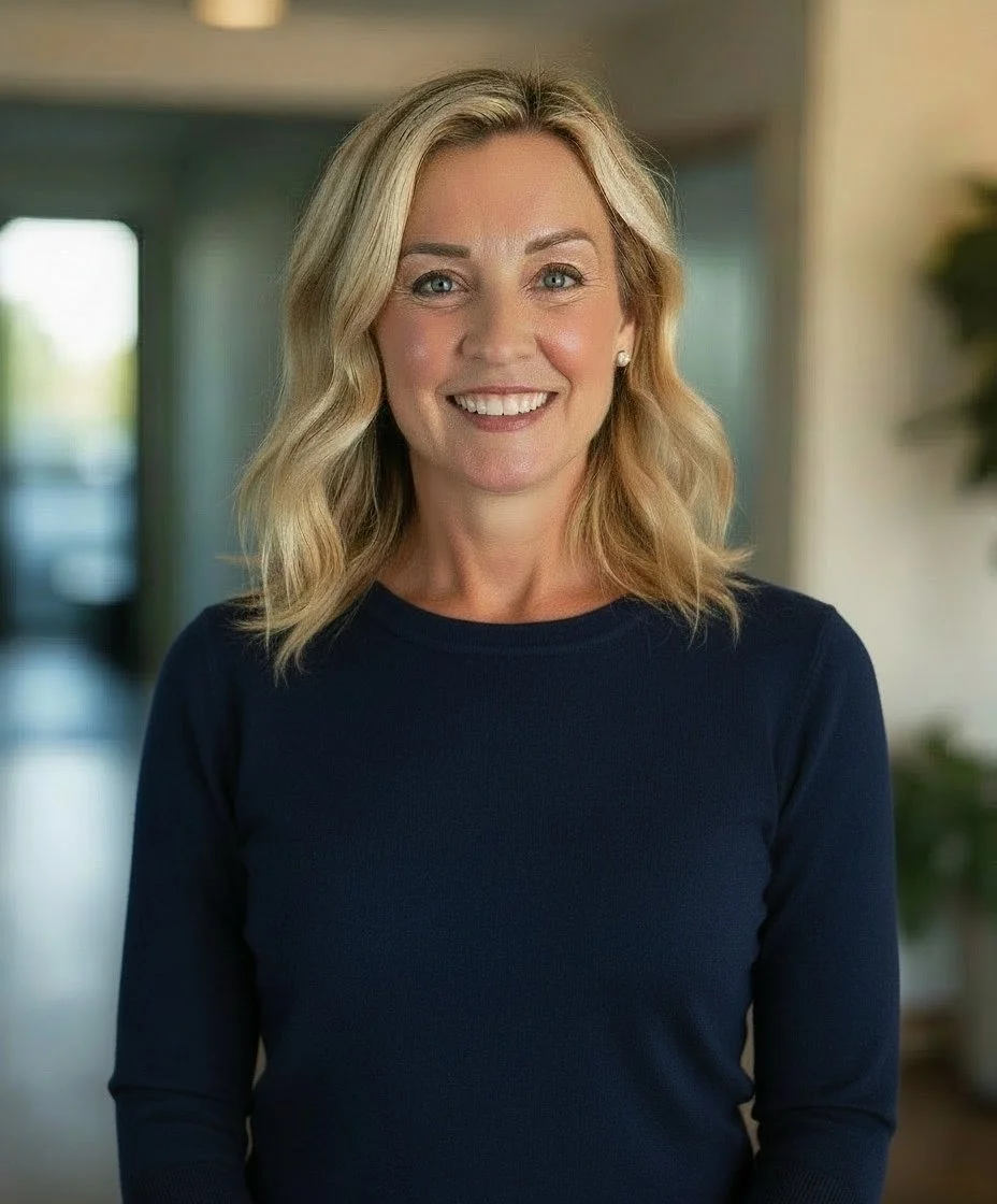 A woman with blonde hair and blue eyes, smiling, wearing a navy blue long-sleeve top, standing indoors in a home or office environment.